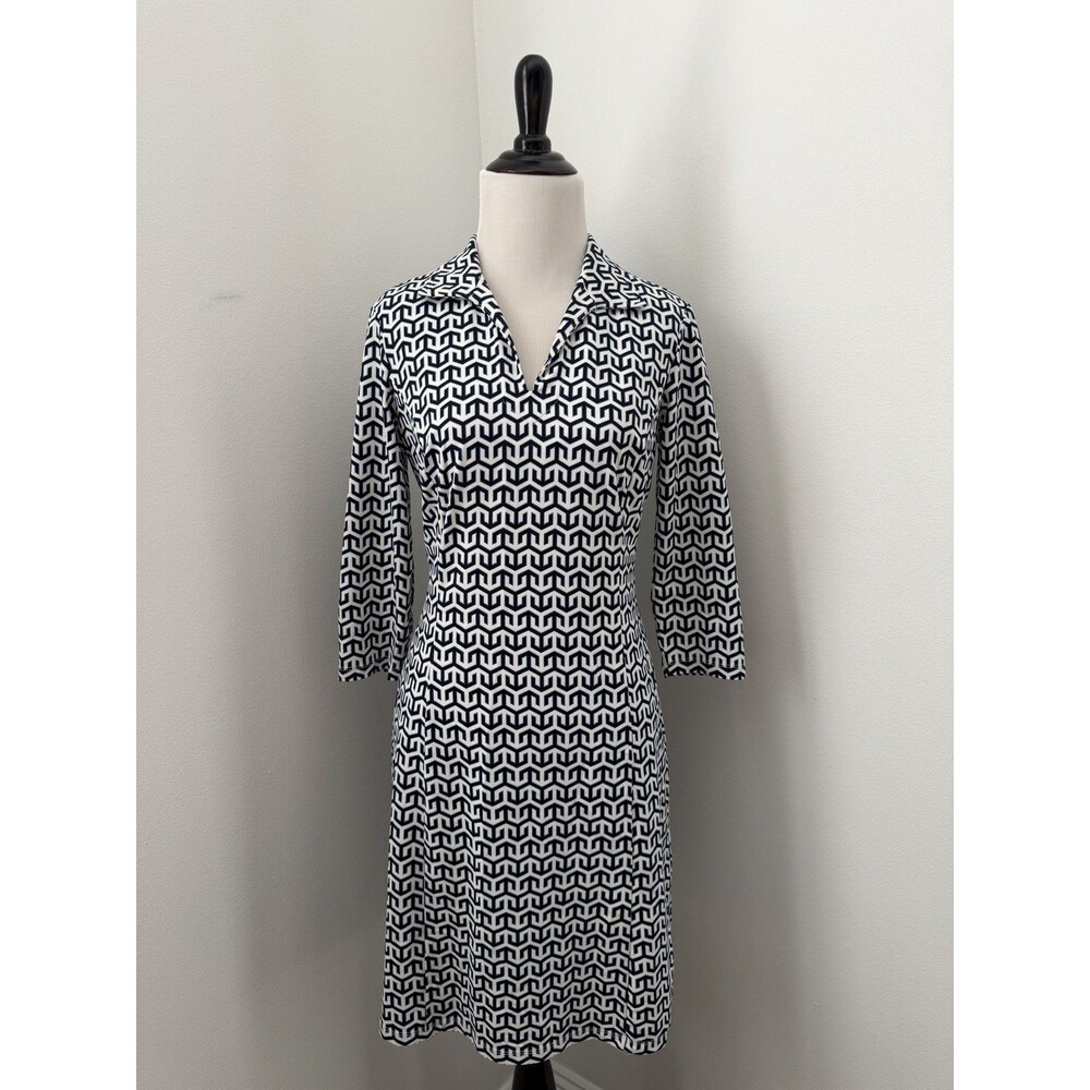 J. McLaughlin Dress Catalina Cloth 3/4 Sleeve Blue/ White Geometric Dress‎ XS